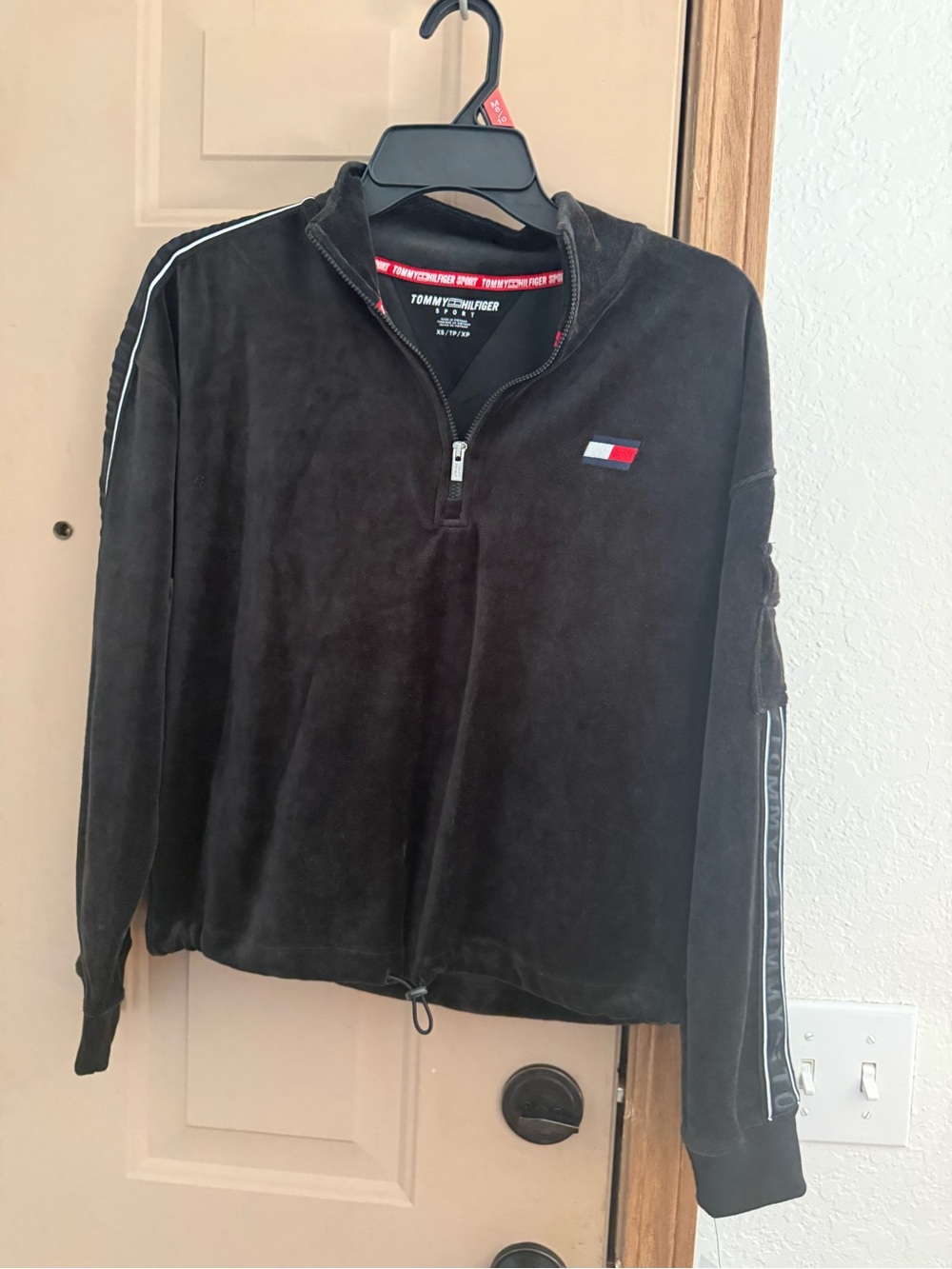 Tommy Hilfiger Black Velour Quarter-Zip Pullover with Stripe Detail